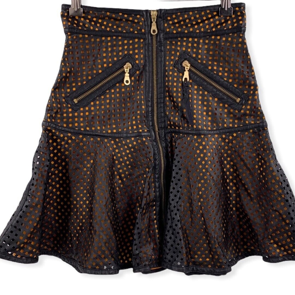 Shakuhachi Skirt Black‎ Orange Laser Peplum Edgy Wimsygoth Vegan Leather Sm New